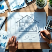 Bovenaanzicht van modern bureau met architecturale blauwdruk van werkcapaciteit-concept, HR-documenten en tablet