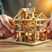 Handen bouwen miniatuurhuis met houten blokken op bureau, symboliseert werk capaciteit model met meerlagige structuur