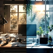 Split-screen vergelijking van chaotische, rommelige werkplek met papieren en koffiekopjes versus rustige, georganiseerde werkruimte