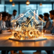 Diverse professionals bespreken architectuurmodel van huis met tandwielen en groeipijlen op moderne vergadertafel