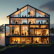 Moderne huisdoorsnede met transparante wanden toont werkplekactiviteiten op verschillende verdiepingen in blauw-grijze tinten