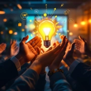 Kantoormedewerkers reiken naar gloeiende lamp die innovatieve ideeën symboliseert in moderne werkplek met samenwerkingsruimtes