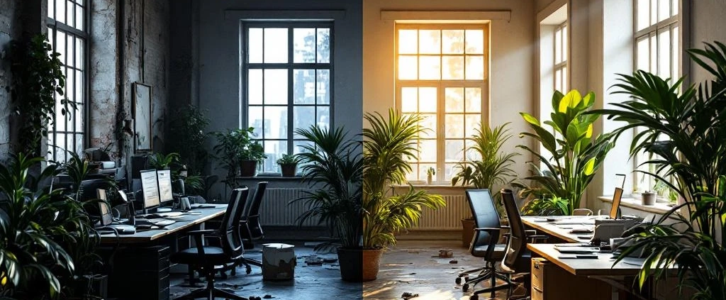 Gesplitst kantoor toont contrast tussen verwaarloosde werkplek links en moderne, duurzame werkomgeving rechts