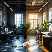 Gesplitst kantoor toont contrast tussen verwaarloosde werkplek links en moderne, duurzame werkomgeving rechts