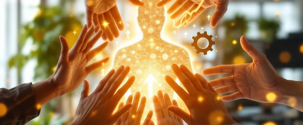 Diverse handen ondersteunen gloeiende menselijke silhouet met gouden licht in moderne kantooromgeving