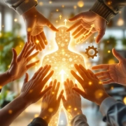 Diverse handen ondersteunen gloeiende menselijke silhouet met gouden licht in moderne kantooromgeving