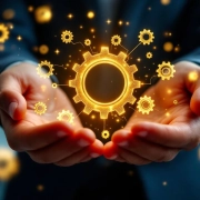 Handen houden gloeiend gouden tandwiel vast met zwevende radertjes in moderne kantooromgeving, werk productiviteit