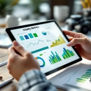 Handen analyseren gezondheidsdata op tablet met groene en blauwe welzijnsindicatoren in professionele werkruimte