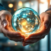 Handen beschermen gloeiende bol met energiepatronen, symboliseert werknemerspotentieel in modern kantoor