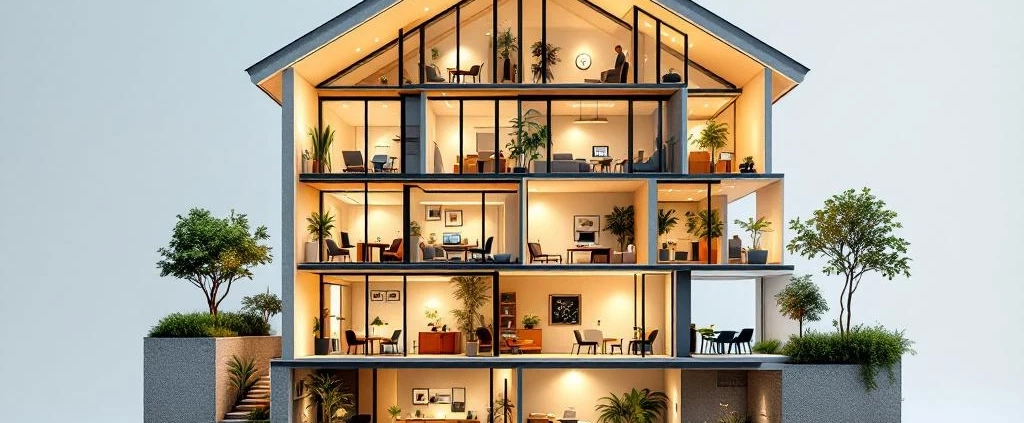 Doorsnede modern huis met kamers voor werknemers welzijn: fysieke kracht, mentale veerkracht en sociale verbindingen