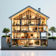 Doorsnede modern huis met kamers voor werknemers welzijn: fysieke kracht, mentale veerkracht en sociale verbindingen