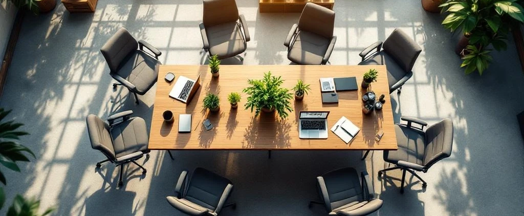 Bovenaanzicht modern kantoor met houten bureau, groene planten en ergonomische stoelen in cirkel voor werknemerstevredenheid