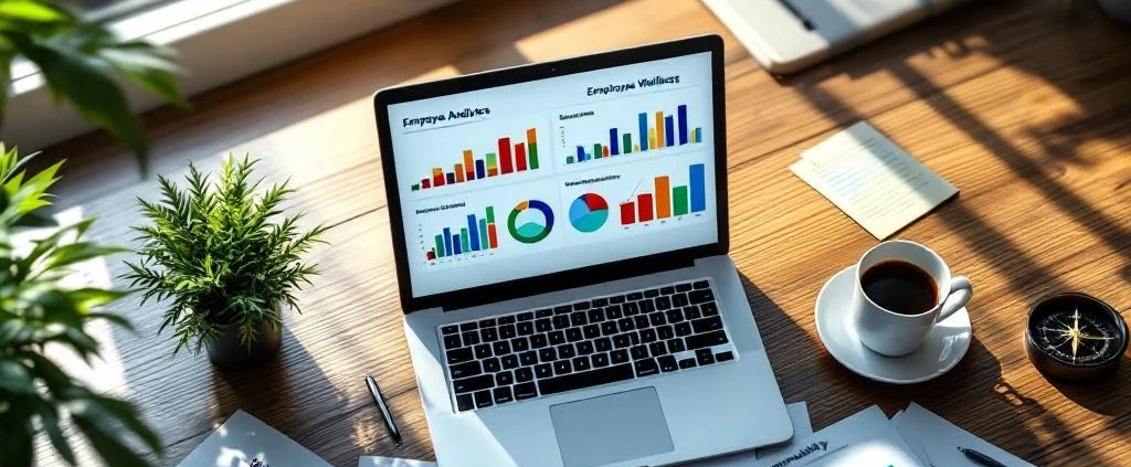Laptop met kleurrijke data-dashboards op modern bureau met plant, koffie en grafieken in natuurlijk licht