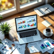 Laptop met kleurrijke data-dashboards op modern bureau met plant, koffie en grafieken in natuurlijk licht