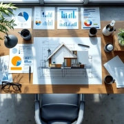 Bovenaanzicht van houten bureau met huisblauwdrukken en werkplekanalyse-instrumenten in warm natuurlijk licht
