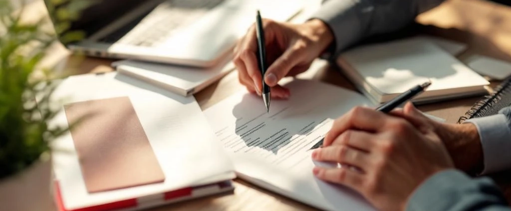 Professionele handen rangschikken laptop, documenten, pen, koffie en plant op houten bureau in natuurlijk licht