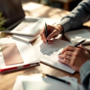 Professionele handen rangschikken laptop, documenten, pen, koffie en plant op houten bureau in natuurlijk licht
