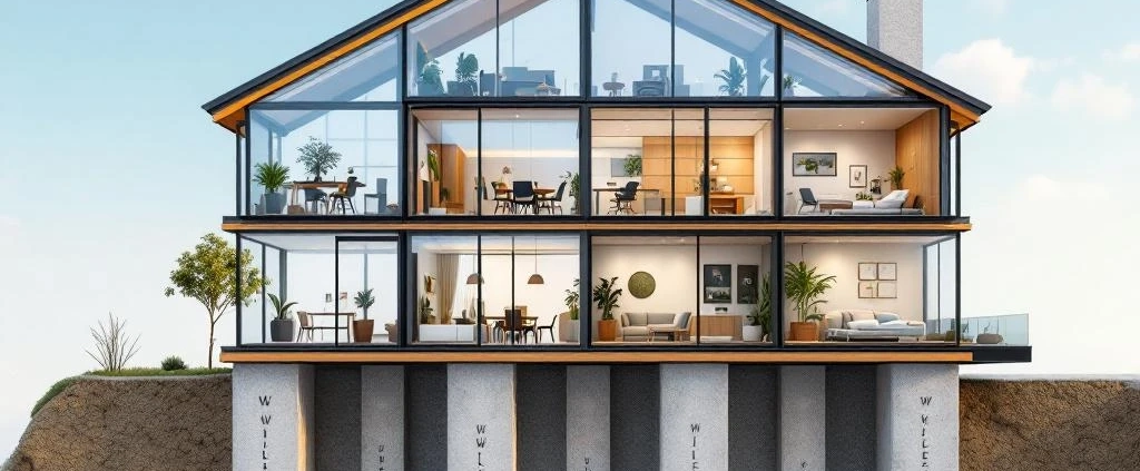 Architecturale doorsnede van modern huis met kantoorruimtes, wellness zone en vergadergebied als metafoor voor werkbalans