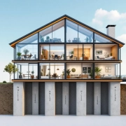 Architecturale doorsnede van modern huis met kantoorruimtes, wellness zone en vergadergebied als metafoor voor werkbalans