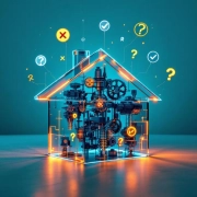 Modern glazen huis met zichtbare tandwielen en mechanische elementen, omringd door zes mythendebunking iconen op professionele achtergrond