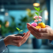 Vier handen houden symbolen van werkplek ontwikkelingsfasen: zaad, plant, bloemen en fruit in oplopende volgorde