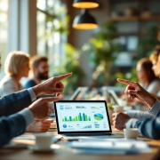 Diverse professionals analyseren kleurrijke KPI-dashboards en geluksmetrieken op tablets in moderne kantooromgeving