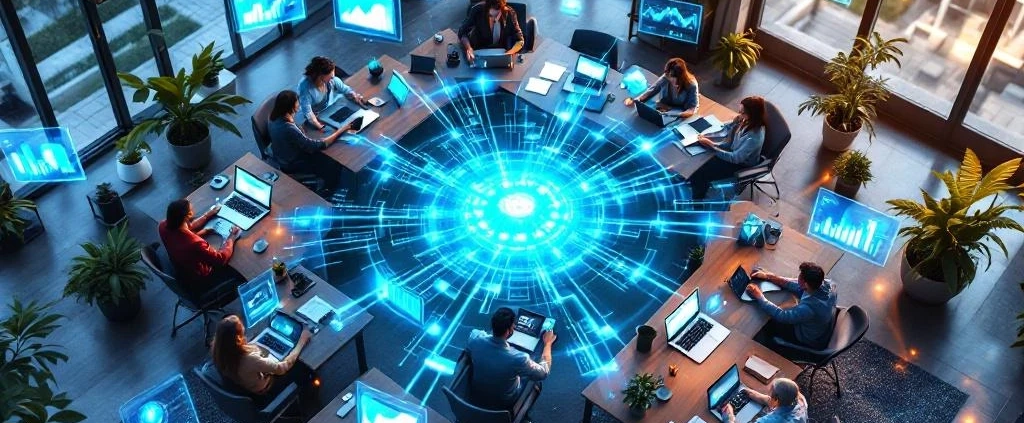 Moderne kantoorruimte met holografische datavisualisatie en duurzame werkplekoplossingen, luchtfoto perspectief