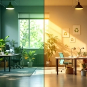 Kantooromgevingen splitscreen: links levendig kantoor met planten en zonlicht, rechts duurzame werkplek met recycling