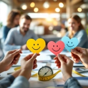 Diverse handen houden kleurrijke papieren hartjes en smiley emoticons vast rond moderne kantoorbureau met laptops