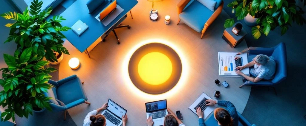 Moderne kantoorwerkplek met acht elementen voor werkgeluk rond centrale spotlight: plant, stoel, samenwerking, licht