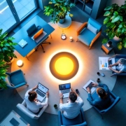 Moderne kantoorwerkplek met acht elementen voor werkgeluk rond centrale spotlight: plant, stoel, samenwerking, licht