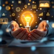 Professionele handen houden gloeiende lamp met holografische werkplek geluk iconen op modern bureau