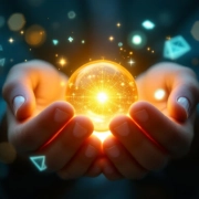 Handen die een gloeiende gouden bol vasthouden die werkplukgeluk symboliseert, met moderne kantooromgeving op achtergrond