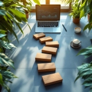 Twaalf houten stapstenen in spiraalvorm op modern bureau, omringd door groene planten en laptop met datavisualisaties