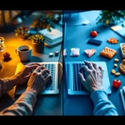 Gesplitst scherm toont handen die typen op laptop: links warm verlichte werkplek met koffie en plant, rechts koel verlichte bureau met snacks
