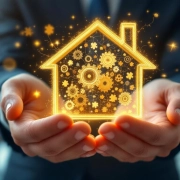 Handen houden gloeiend huisvormig object van tandwielen en puzzelstukjes in professionele kantooromgeving