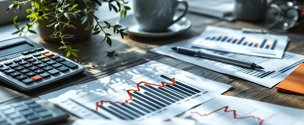 Houten bureau met financiële documenten, dalende grafieken en calculator naast verwelkte kantoorplanten en lege koffiemok