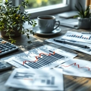 Houten bureau met financiële documenten, dalende grafieken en calculator naast verwelkte kantoorplanten en lege koffiemok