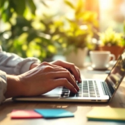 Handen typen op laptop toetsenbord aan bureau met groene planten, koffie en natuurlijk zonlicht door raam