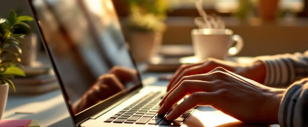 Handen typen energiek op laptop toetsenbord in zonnig werkruimte met koffie, plant en motiverende notities