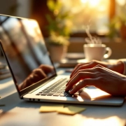Handen typen energiek op laptop toetsenbord in zonnig werkruimte met koffie, plant en motiverende notities