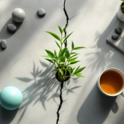 Bamboe plant groeit door betonnen bureauscheur omringd door wellness items zoals stressbal en kruidenthee op modern kantoor