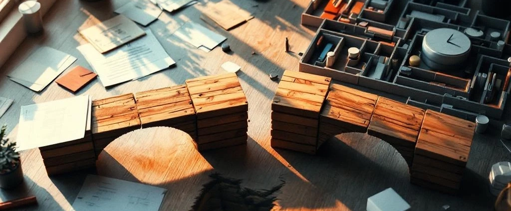 Bovenaanzicht van modern bureau met symbolische obstakels: stapel papierwerk, gebroken houten brug en doolhof van kantoorbenodigdheden