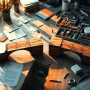 Bovenaanzicht van modern bureau met symbolische obstakels: stapel papierwerk, gebroken houten brug en doolhof van kantoorbenodigdheden