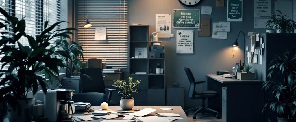 Leeg kantoor met donkere verlichting toont tekenen van werknemersontevredenheid: verwelkte plant, ontslagbrieven en lege werkplekken