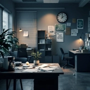 Leeg kantoor met donkere verlichting toont tekenen van werknemersontevredenheid: verwelkte plant, ontslagbrieven en lege werkplekken