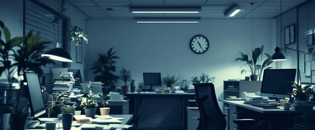 Somber kantooromgeving met lege koffiekopjes, verwelkte planten en rommelige bureaus die werknemersonvrede tonen