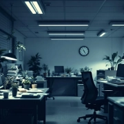 Somber kantooromgeving met lege koffiekopjes, verwelkte planten en rommelige bureaus die werknemersonvrede tonen