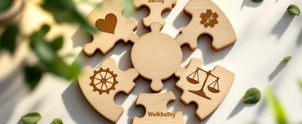 Houten puzzelstukken op bureau tonen werkplekfactoren: welzijn, productiviteit, duurzaamheid en werk-privébalans