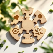Houten puzzelstukken op bureau tonen werkplekfactoren: welzijn, productiviteit, duurzaamheid en werk-privébalans